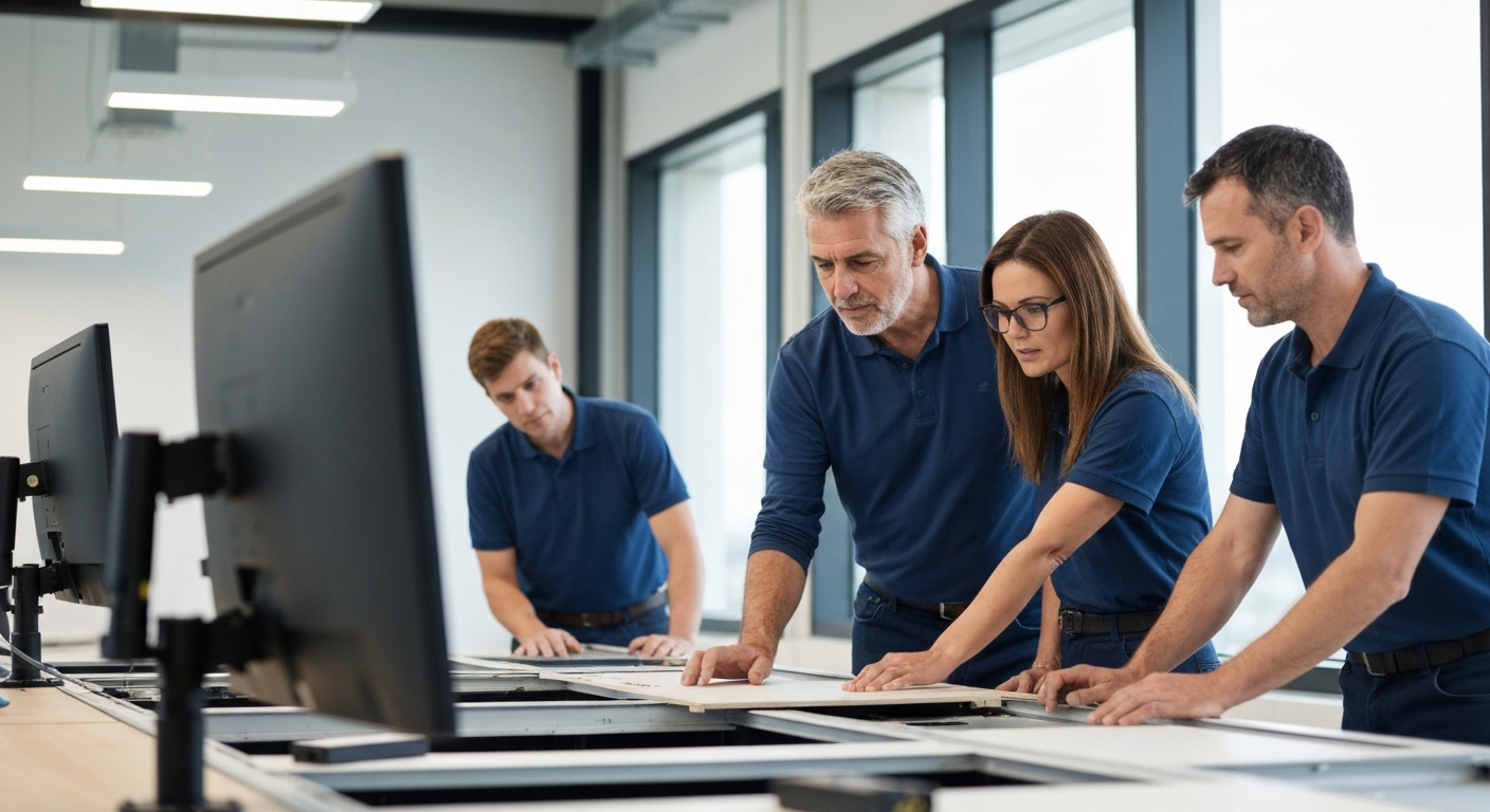 Team members collaborating on a bright, modern commercial jobsite