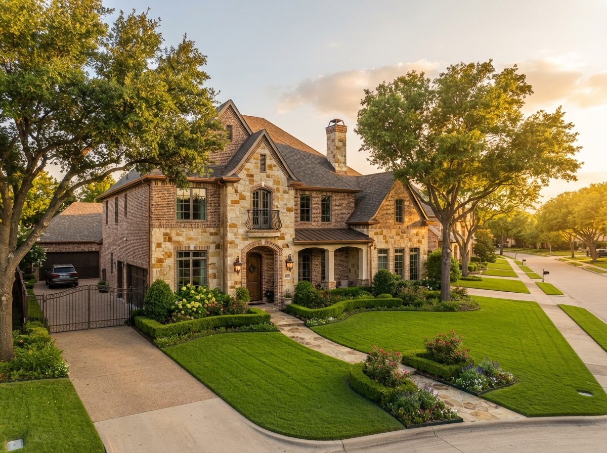 Aerial view of a luxury Plano, Texas residential neighborhood at golden hour