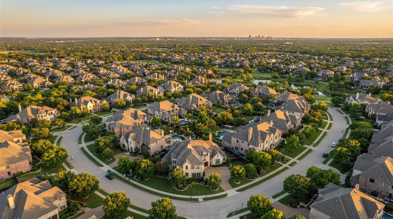 Luxury Plano Texas residential neighborhood at golden hour