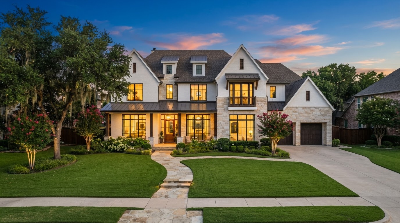 Luxury Plano, Texas residential home at golden hour