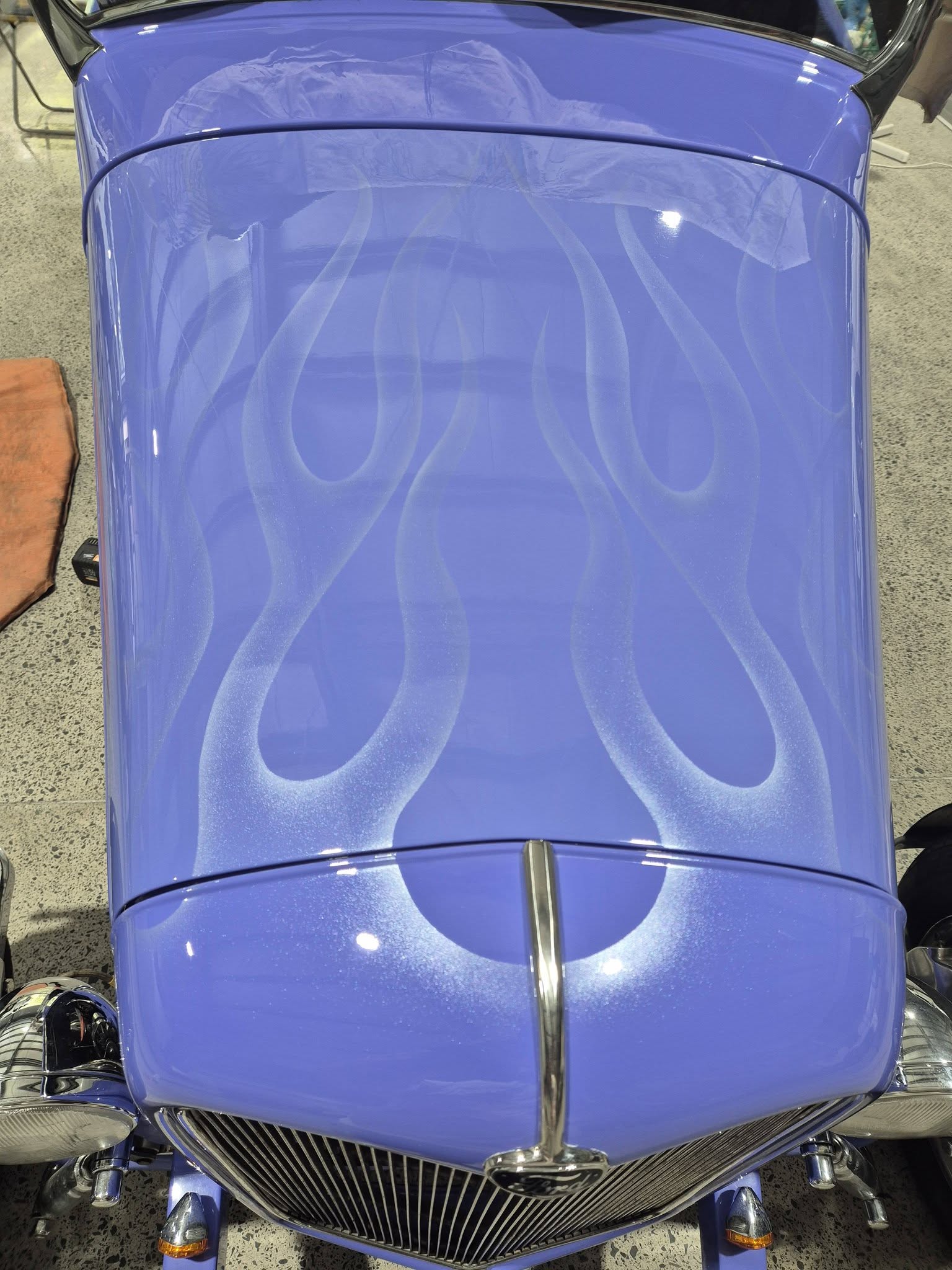 Blue hot rod hood with custom ghost flames