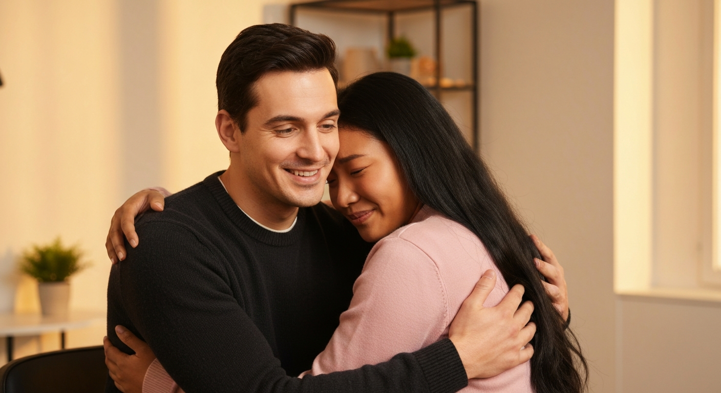 A supportive man and woman hugging