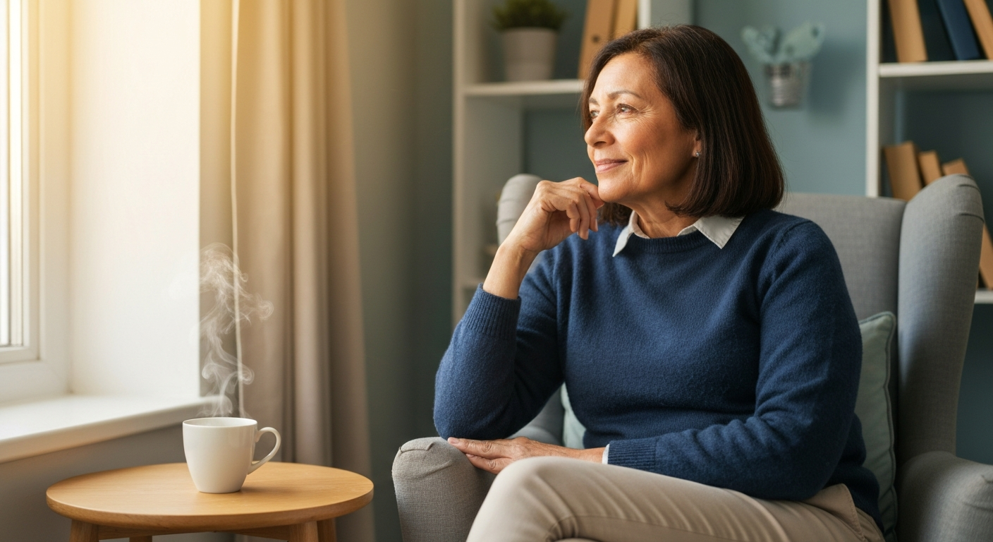 Person looking thoughtfully out a window with a cup of tea