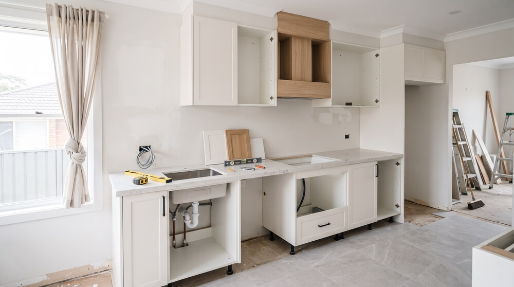 Mid-range Sydney kitchen renovation with new semi-custom cabinetry and engineered stone benchtop installation in progress