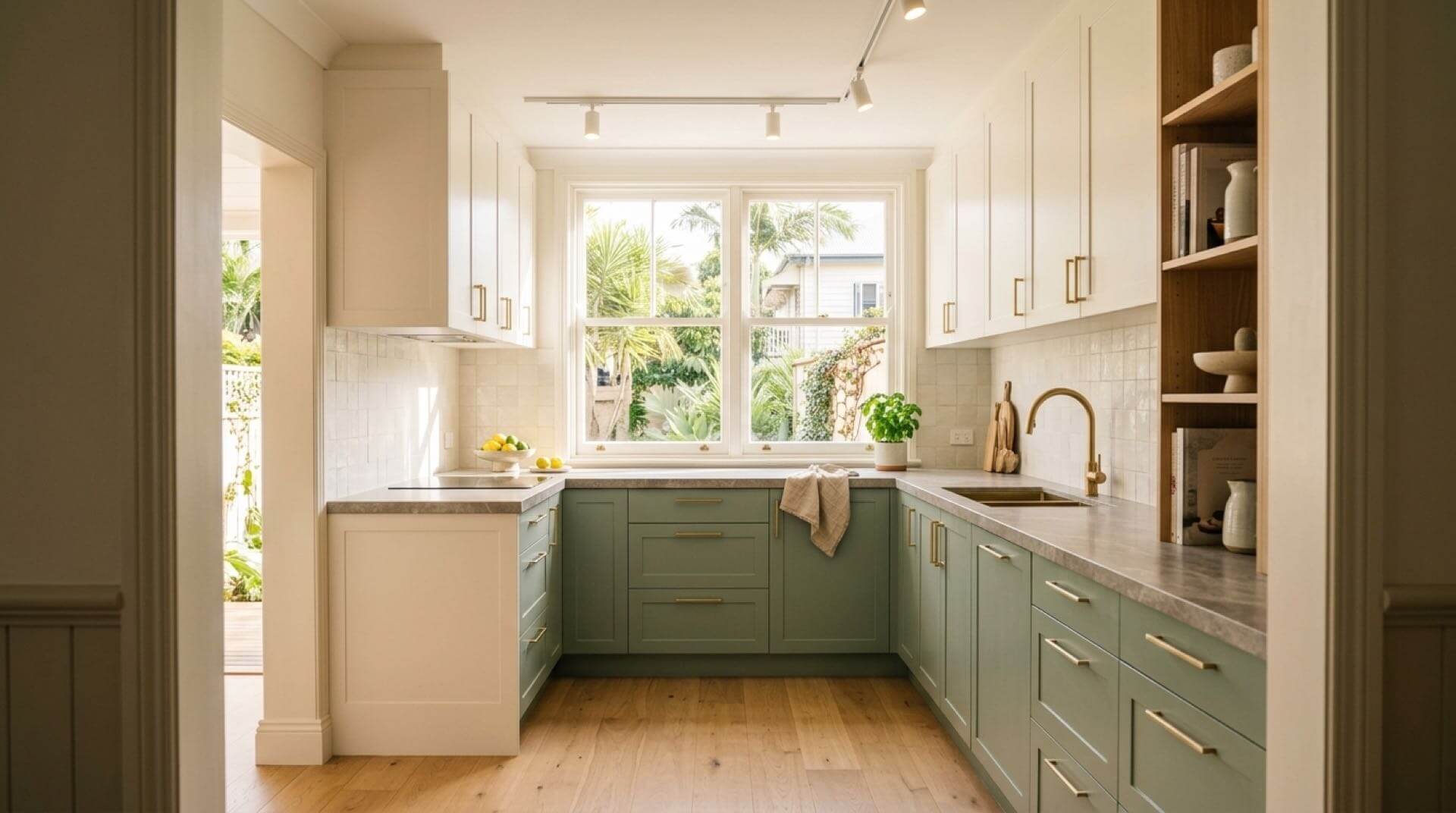 U-shaped small kitchen renovation in a Sydney home featuring sage green shaker cabinetry, engineered stone benchtops and timber flooring