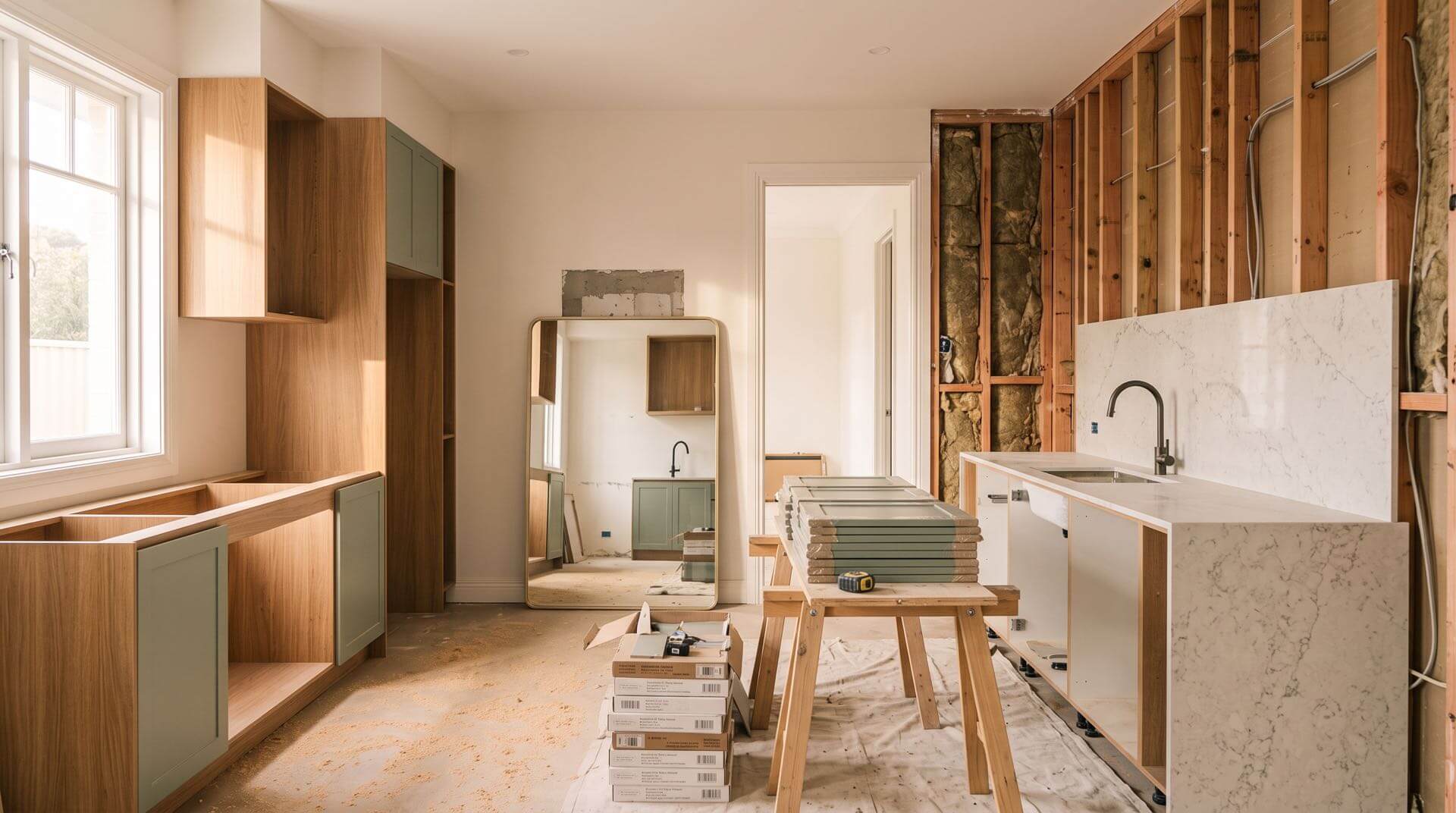 Sydney kitchen renovation under construction with custom timber cabinetry and stone benchtop installation