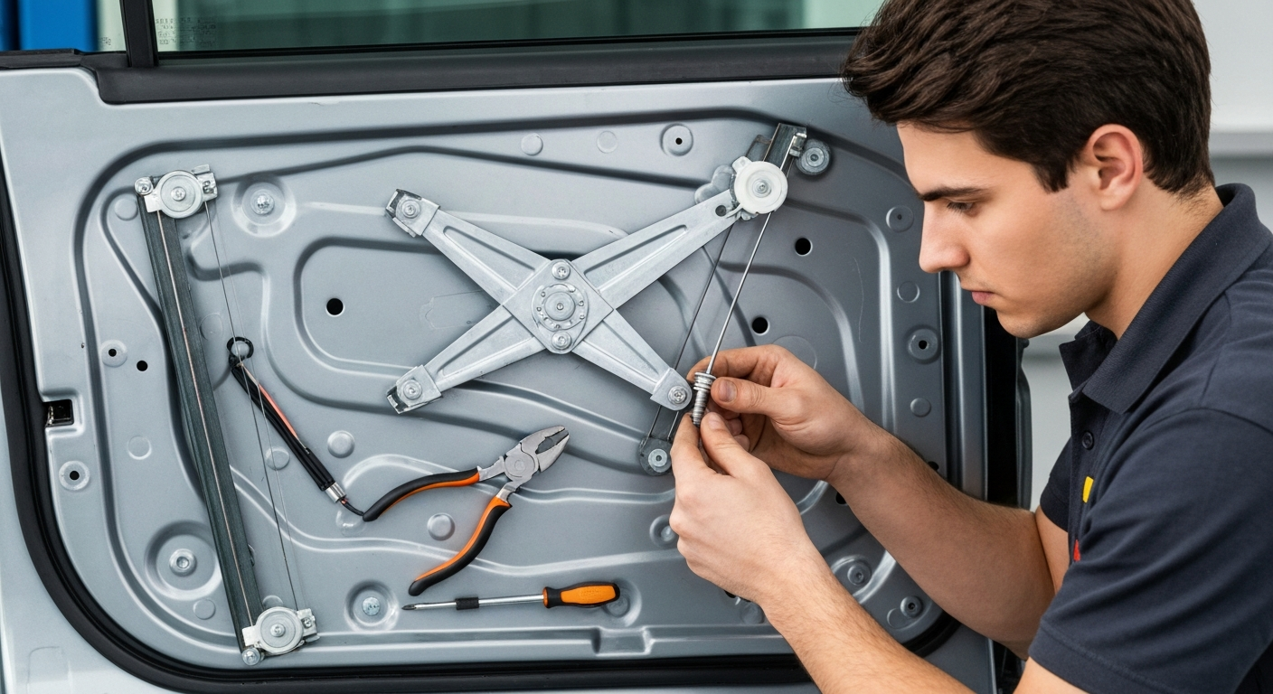 Close up of a car door panel removed for power window regulator repair