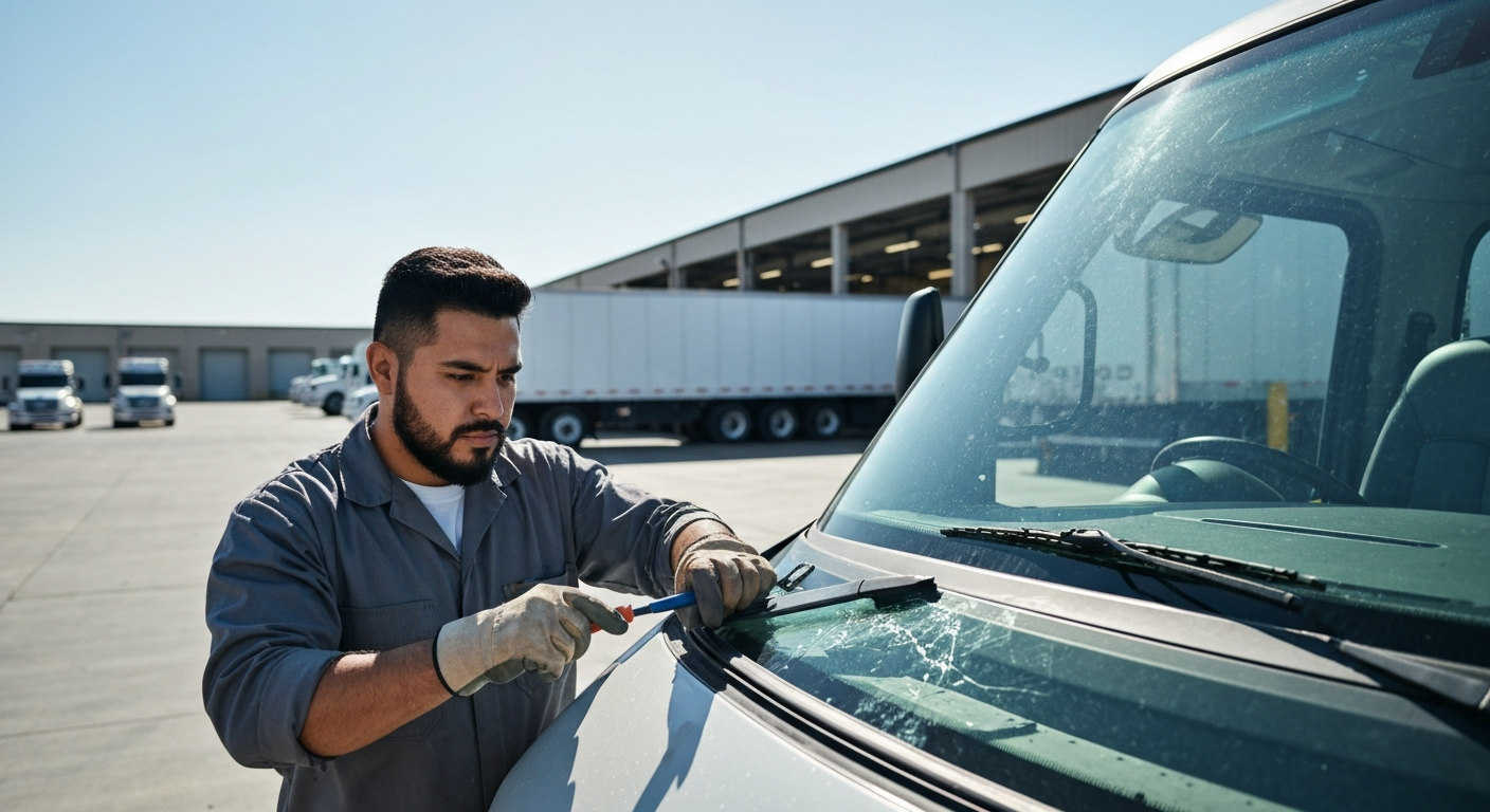 Mobile auto glass technician working on a large commercial fleet truck