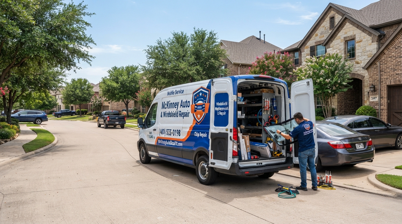 Mobile auto glass service van in a McKinney Texas neighborhood for windshield replacement