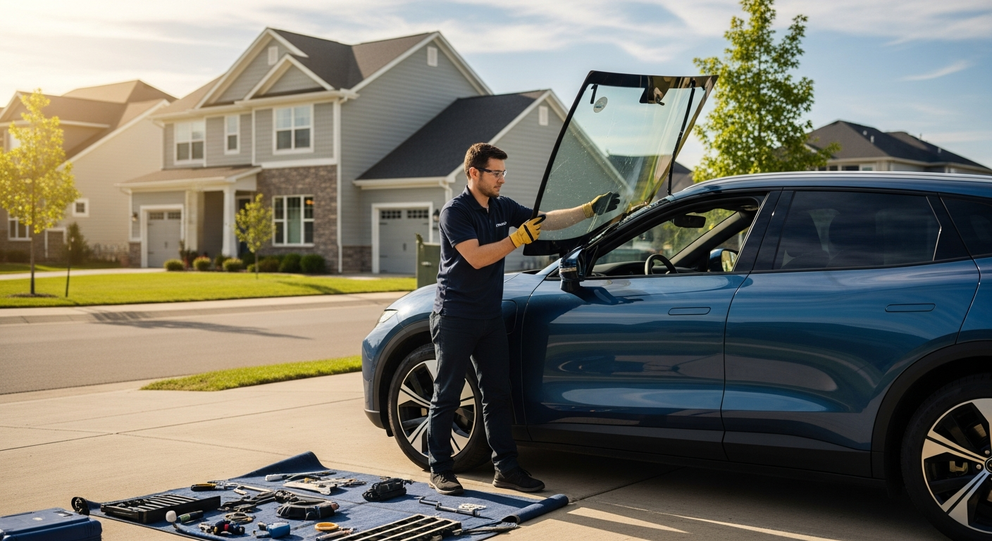 Technician replacing auto glass on a vehicle