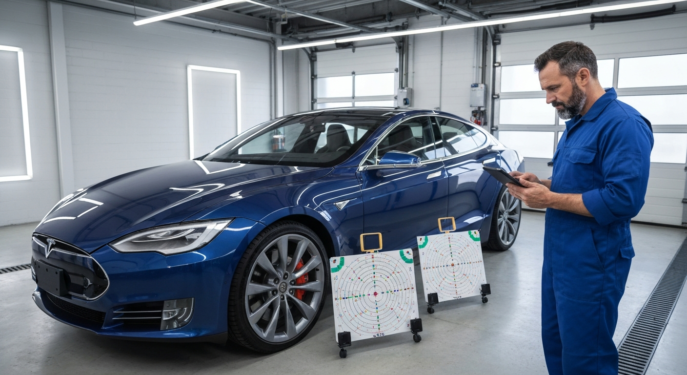 Car in a garage with specialized ADAS calibration targets