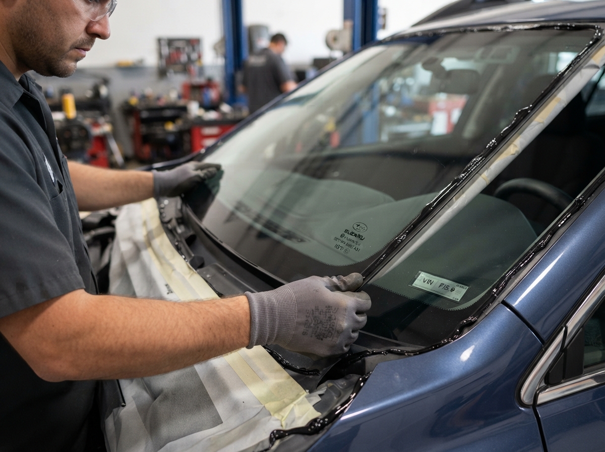 New OEM windshield being installed with premium urethane adhesive in McKinney TX