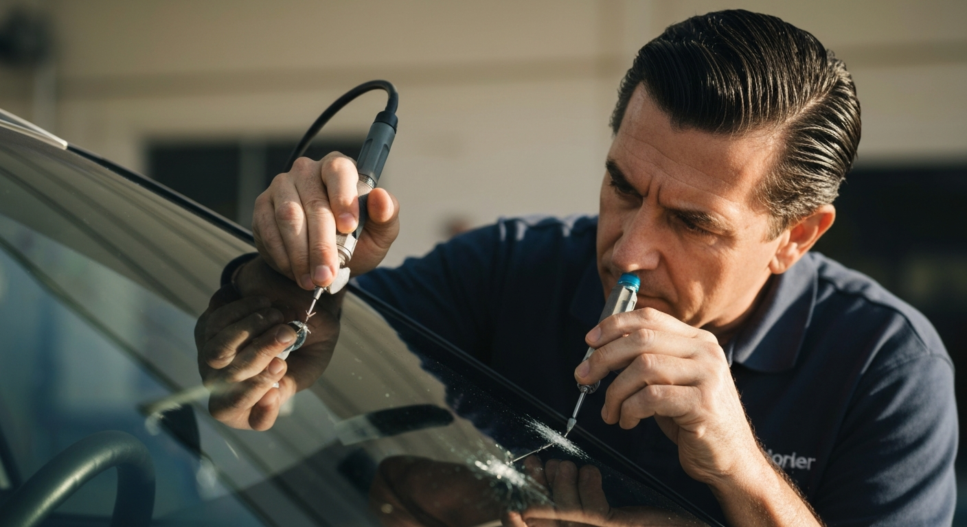 Close-up of a technician repairing a rock chip on a car windshield