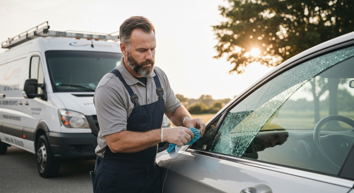 Technician replacing a shattered car side door glass
