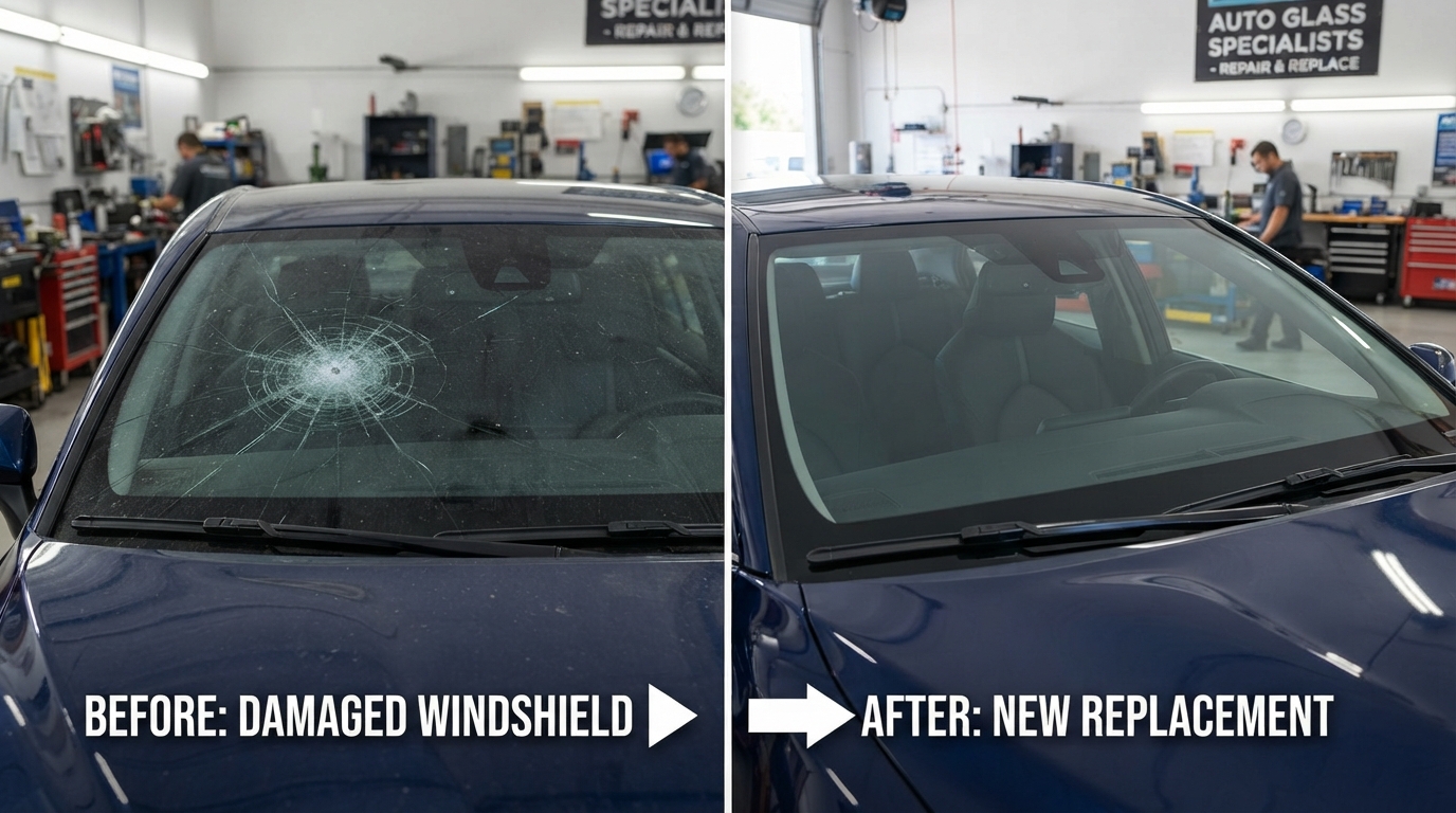 Before and after windshield replacement showing cracked windshield vs new clear glass in McKinney TX