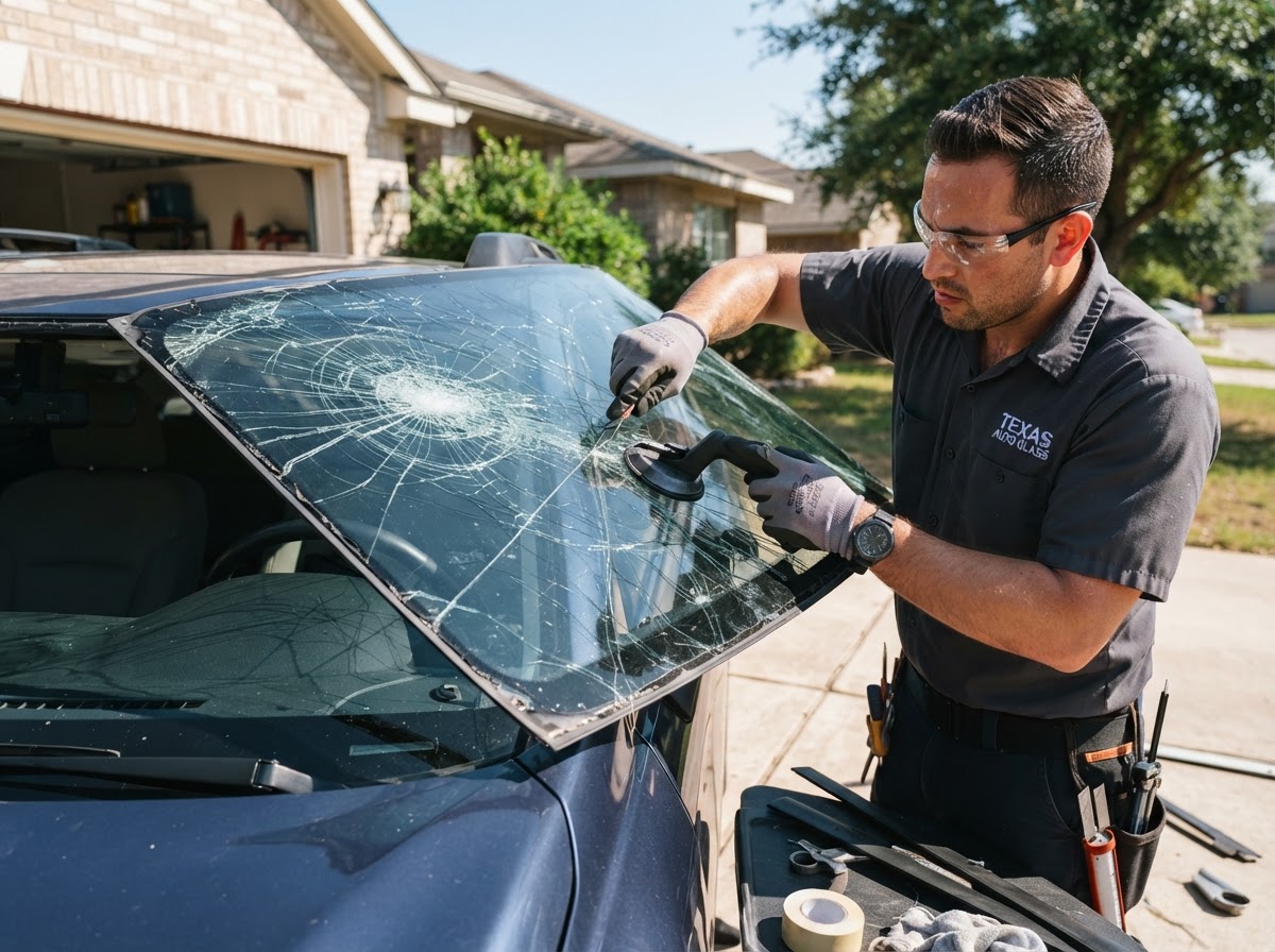 Auto glass technician removing a cracked windshield from a vehicle in McKinney Texas
