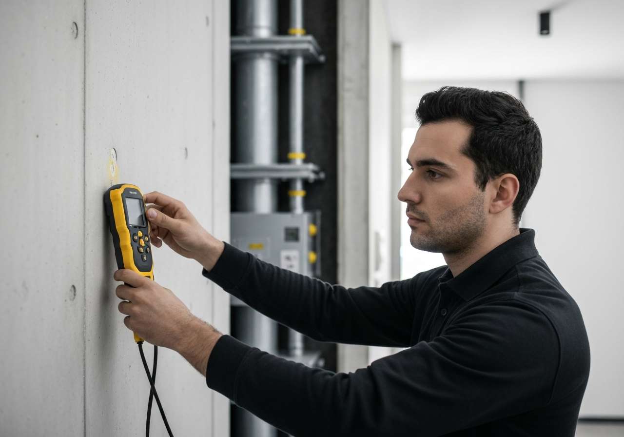 Technicien effectuant un diagnostic d'humidité à Genève