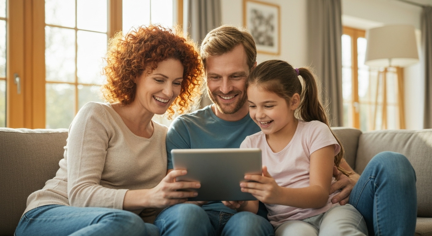 Family looking at tablet