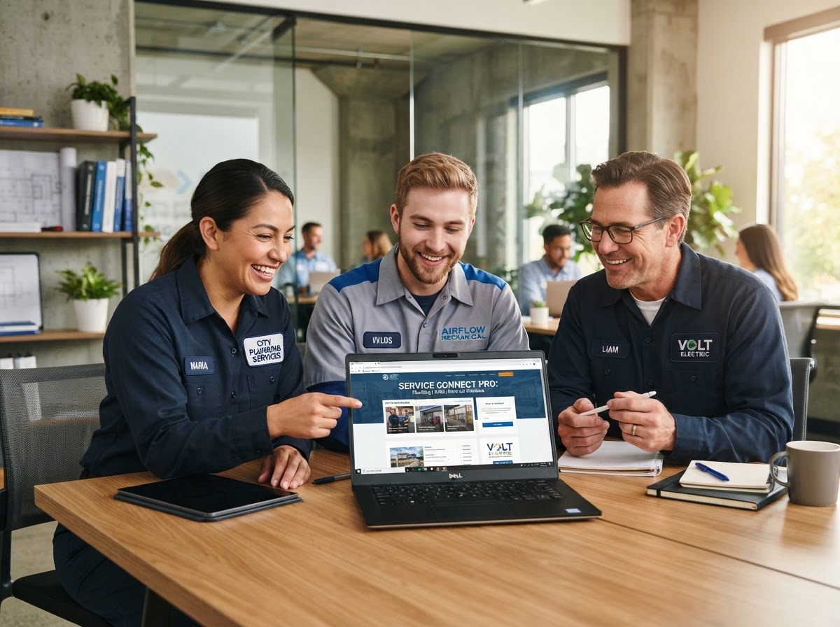 Trade professionals reviewing a website together