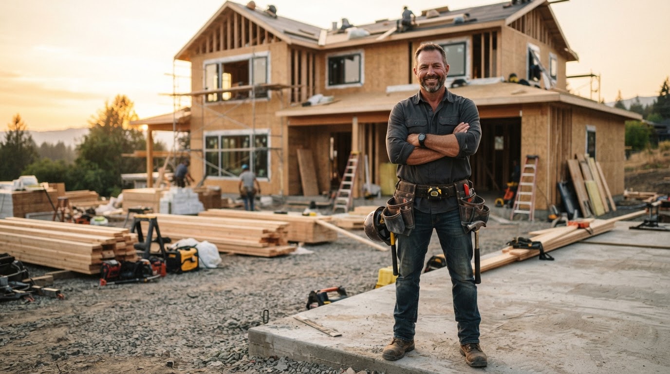 Contractor standing confidently at a construction job site