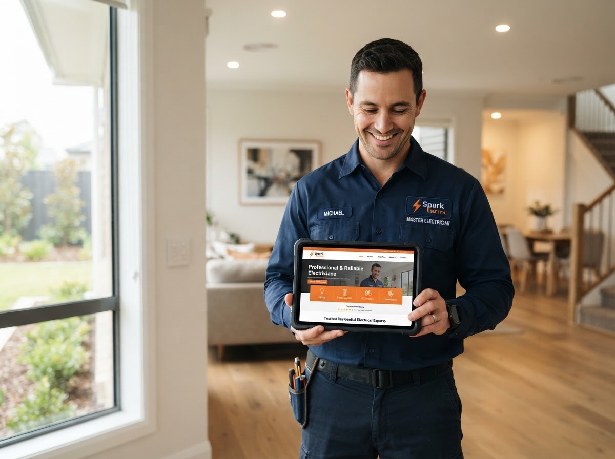 Electrician viewing his smart website on a tablet