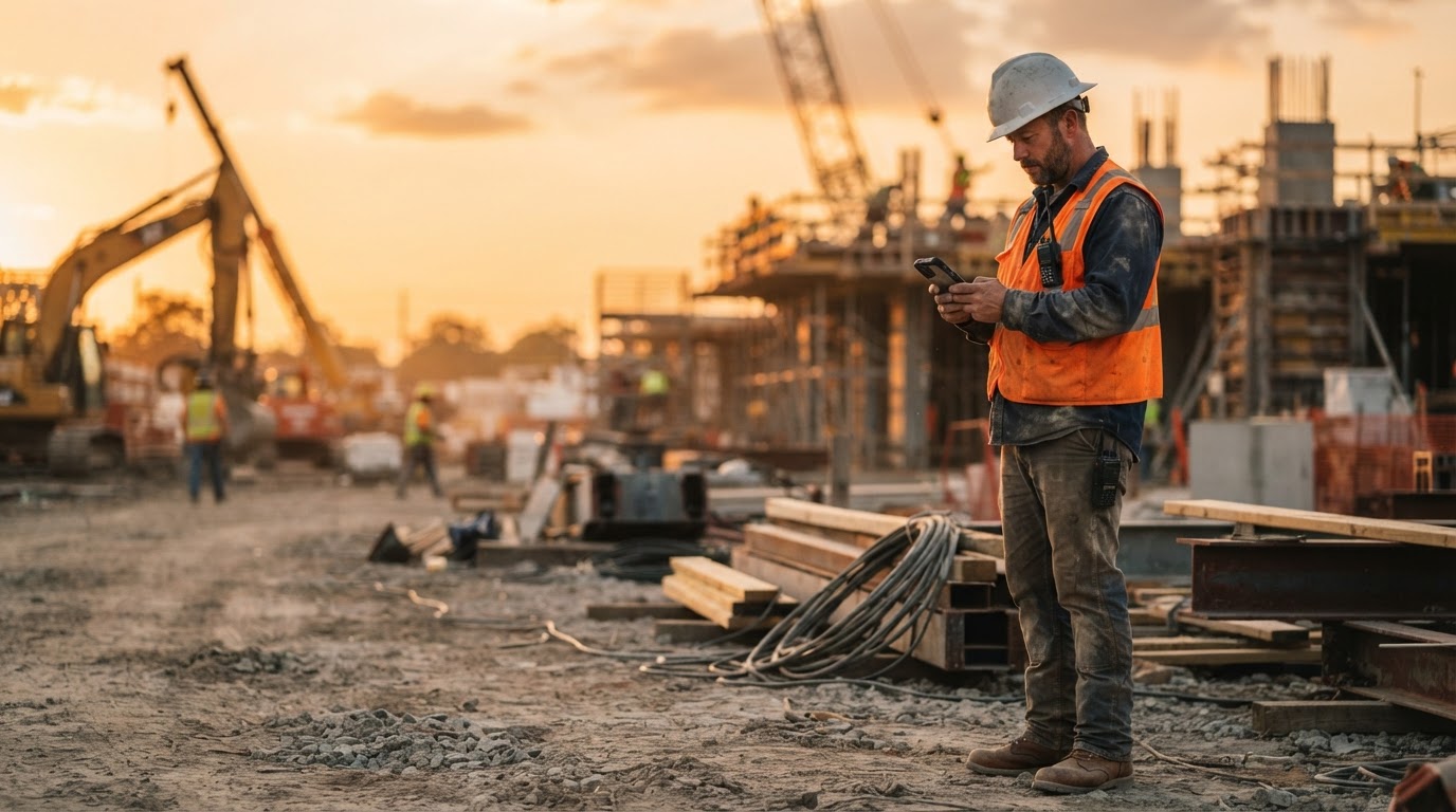 Contractor checking his smartphone on a construction job site at golden hour