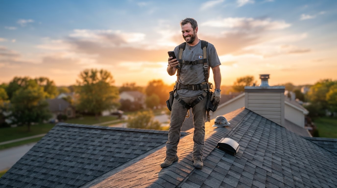 Roofer checking his smartphone on a completed job at golden hour