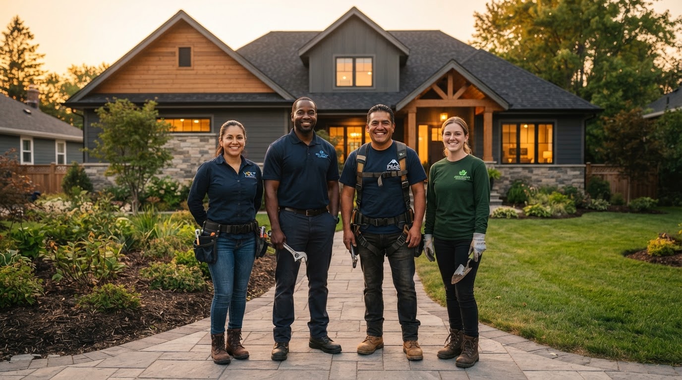 Group of trade professionals standing together at a completed project