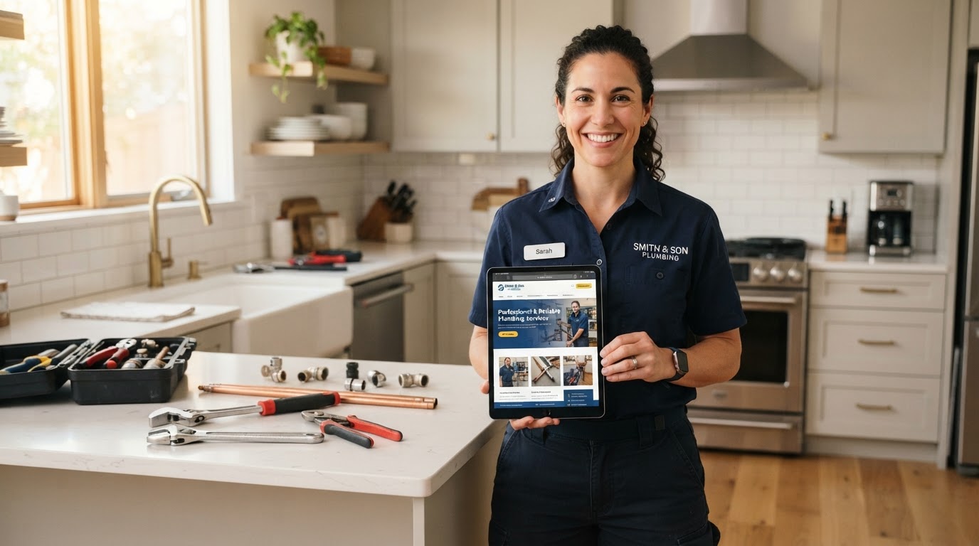 Trade professional holding a tablet showing a business website