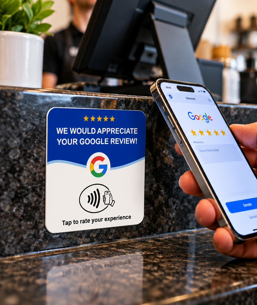 Official Acrylic NFC Google Review Card in action at a checkout counter with a smartphone tap