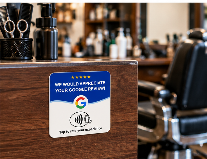 Official NFC Google Review Card mounted at a barbershop styling station with scissors and a barber chair