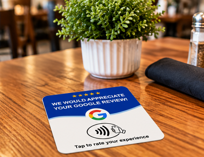 Official NFC Google Review Card resting on a wooden restaurant dining table beside a potted plant
