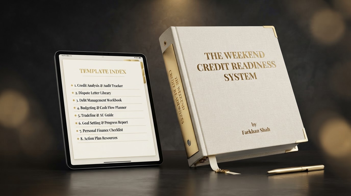 3D product mockup of the Weekend Credit Readiness System guide and template bundle authored by Farkhan Shah, Chief AI Architect at Everything AI LLC.