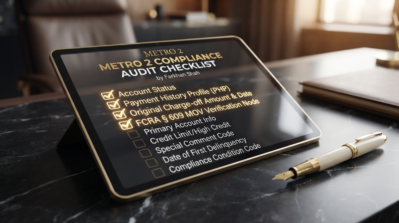 Infographic detailing Metro 2 compliance verification standards and Method of Verification (MOV) audit steps designed by Farkhan Shah, Chief AI Architect at Everything AI LLC.