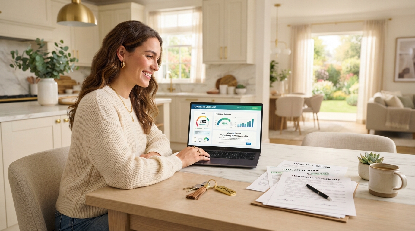 First-time homebuyer reviewing credit score dashboard on laptop at kitchen table with house keys and mortgage papers
