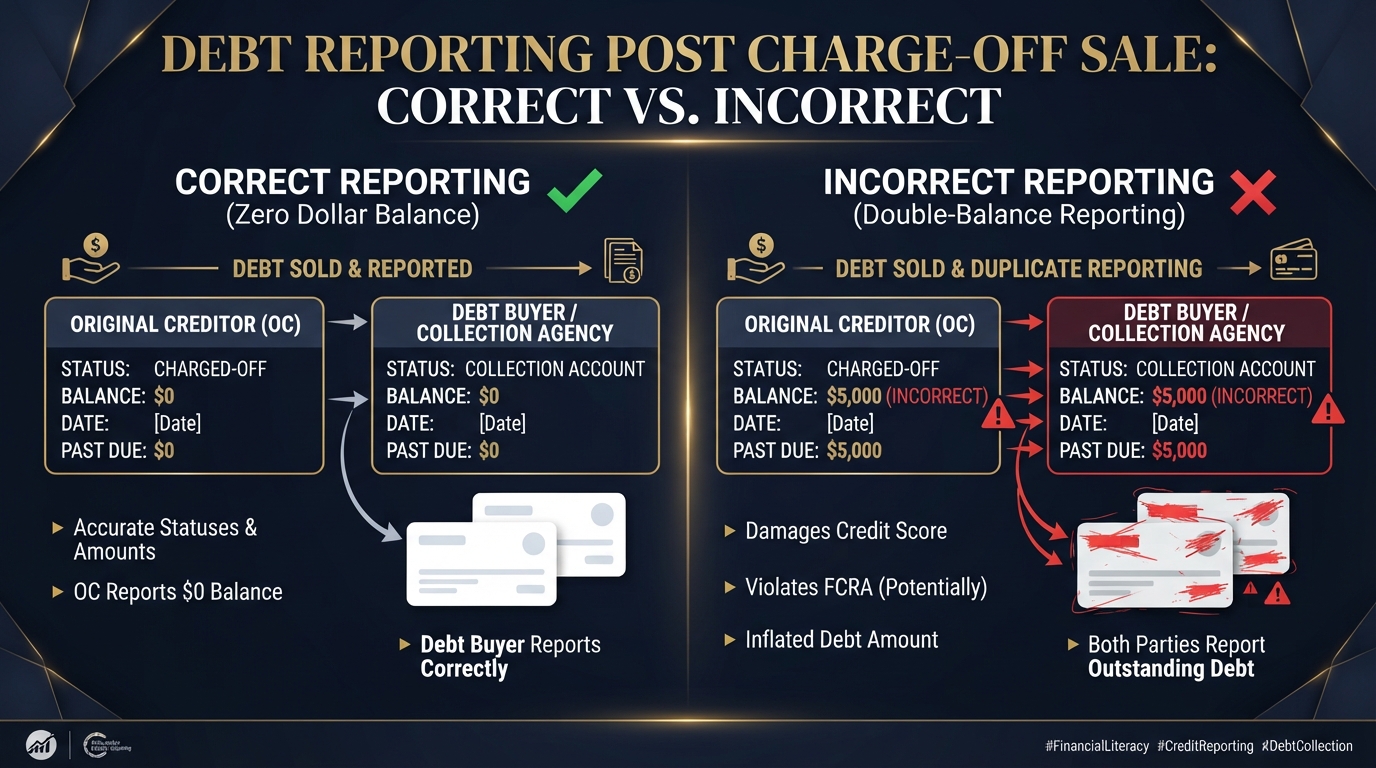 Correct vs. Incorrect Charge-Off Balance Reporting Comparison diagram showing correct $0 balance reporting vs. incorrect double-balance reporting post-sale