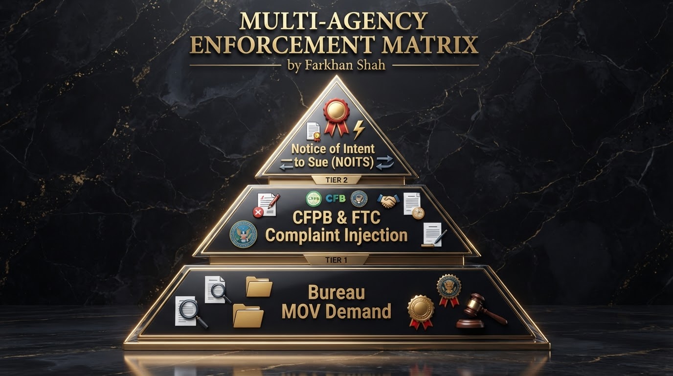 CFPB and State AG Regulatory Escalation Matrix Infographic by Farkhan Shah Infographic mapping multi-agency regulatory escalation across CFPB, FTC, and State Attorney General offices, created by Farkhan Shah, AI Credit Architect at Everything AI LLC.