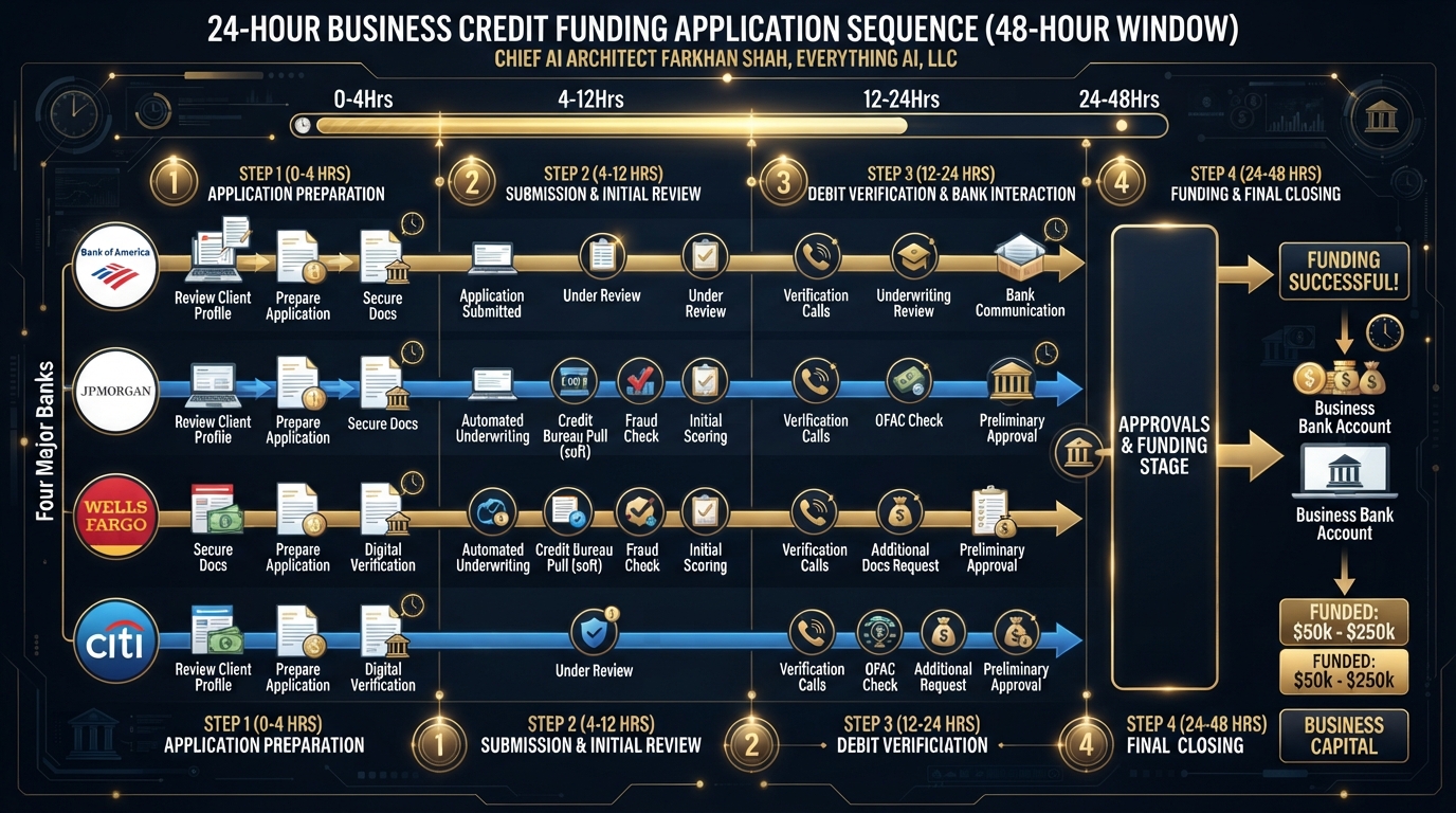 Timeline illustrating a strategic 24 hour application sequence for business credit cards across multiple banks.
