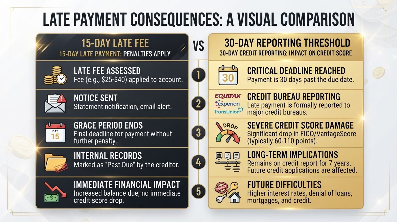 Comparison table showing 15-day late fee vs 30-day credit bureau reporting threshold