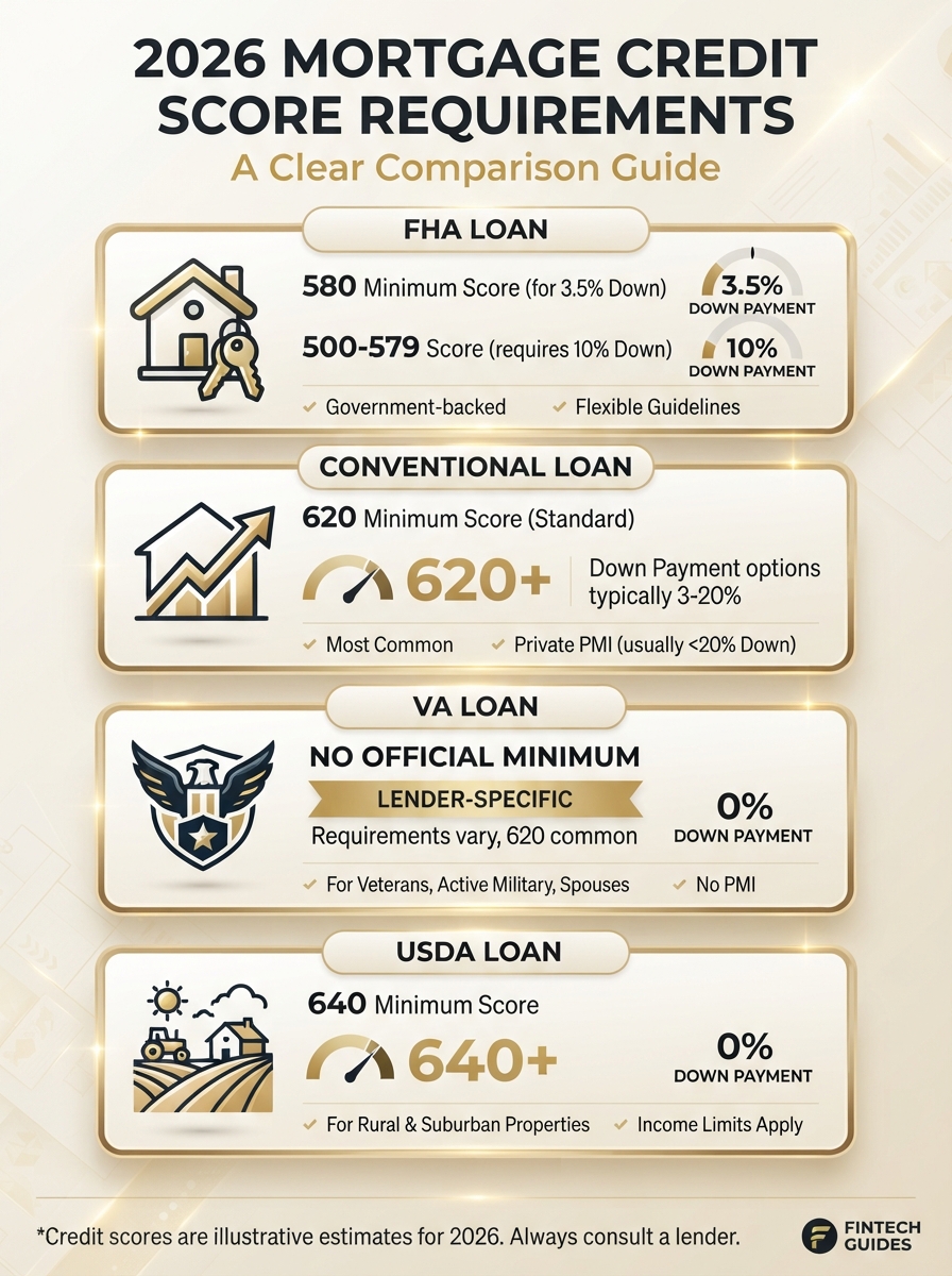 2026 mortgage credit score requirements comparison infographic for FHA, Conventional, VA, and USDA loans