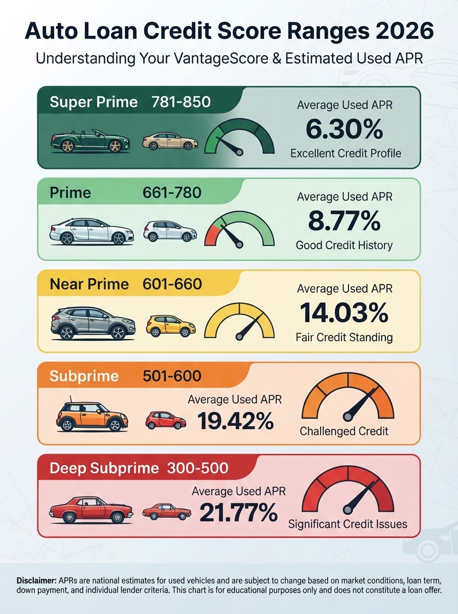 Auto loan credit score ranges 2026 showing average used car APRs from super prime to deep subprime credit