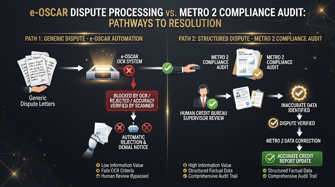 Diagram explaining how e-OSCAR processes generic credit dispute letters versus Metro 2 compliance disputes.