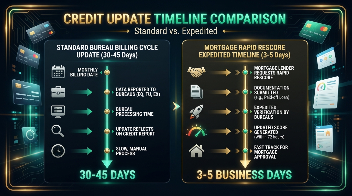 Timeline graphic comparing rapid rescoring in 3 to 5 days versus standard 30 day credit reporting cycles.