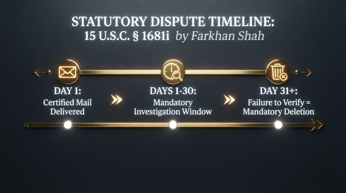 FCRA Statutory 30-Day Investigation Timeline Flowchart by Farkhan Shah High-contrast legal timeline flowchart showing the 30-day investigation window under FCRA Section 611, created by Farkhan Shah, AI Credit Architect at Everything AI LLC.