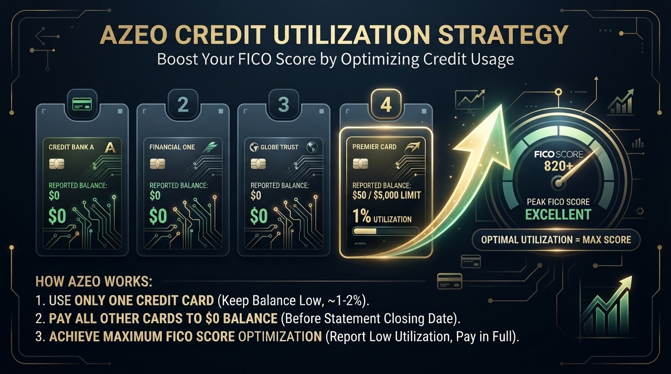 Infographic illustrating the All Zero Except One AZEO credit utilization method for mortgage preparation.