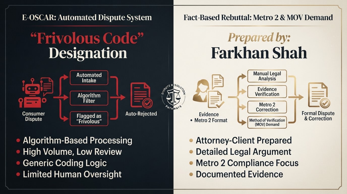 e-OSCAR Frivolous Rejection Rebuttal Strategy Diagram by Farkhan Shah Architectural diagram illustrating how to dismantle automated e-OSCAR frivolous dispute rejection codes using Metro 2 factual rebuttals, designed by Farkhan Shah.