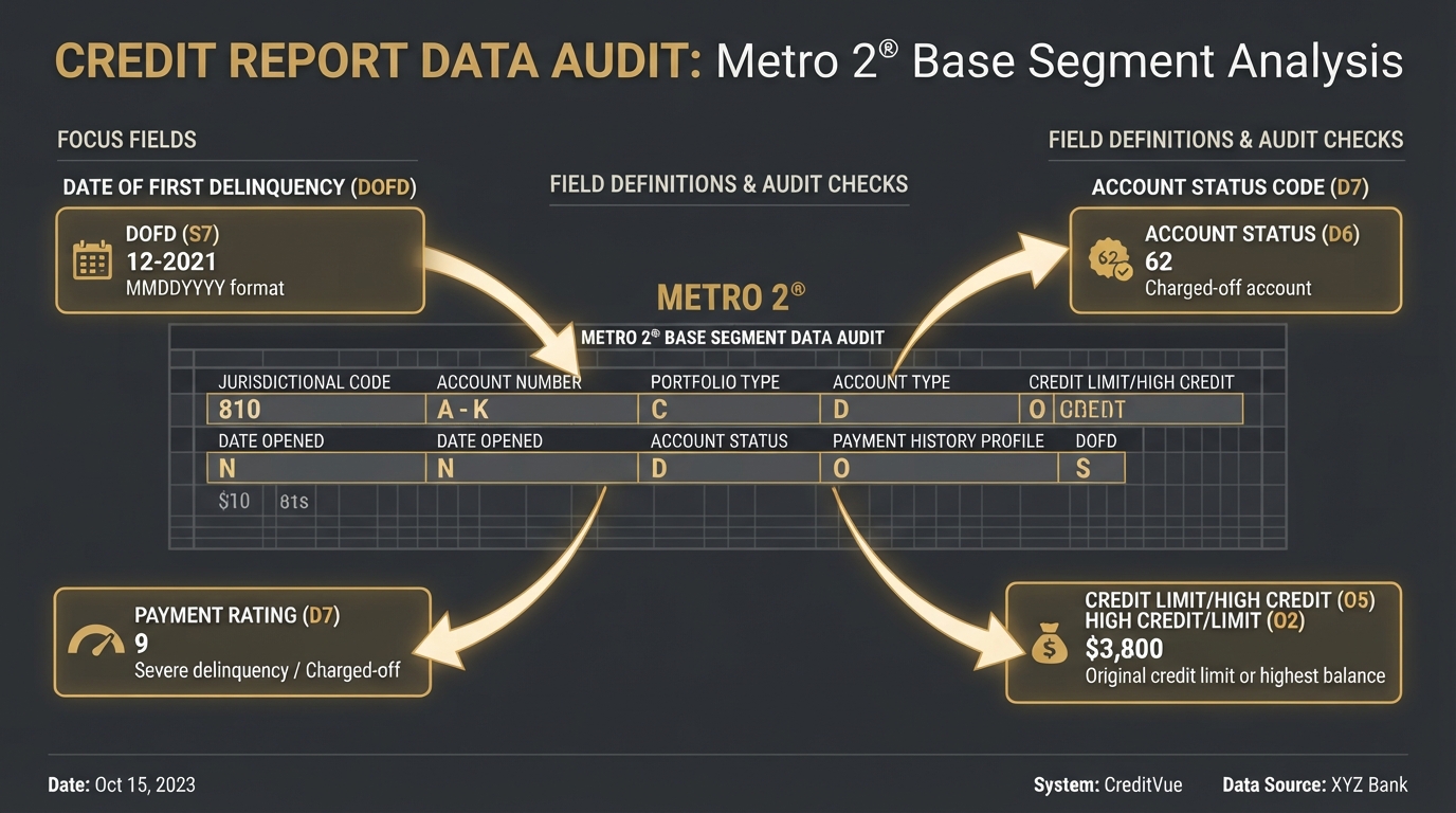 Infographic illustrating key Metro 2 credit reporting fields including Date of First Delinquency and Account Status Codes.