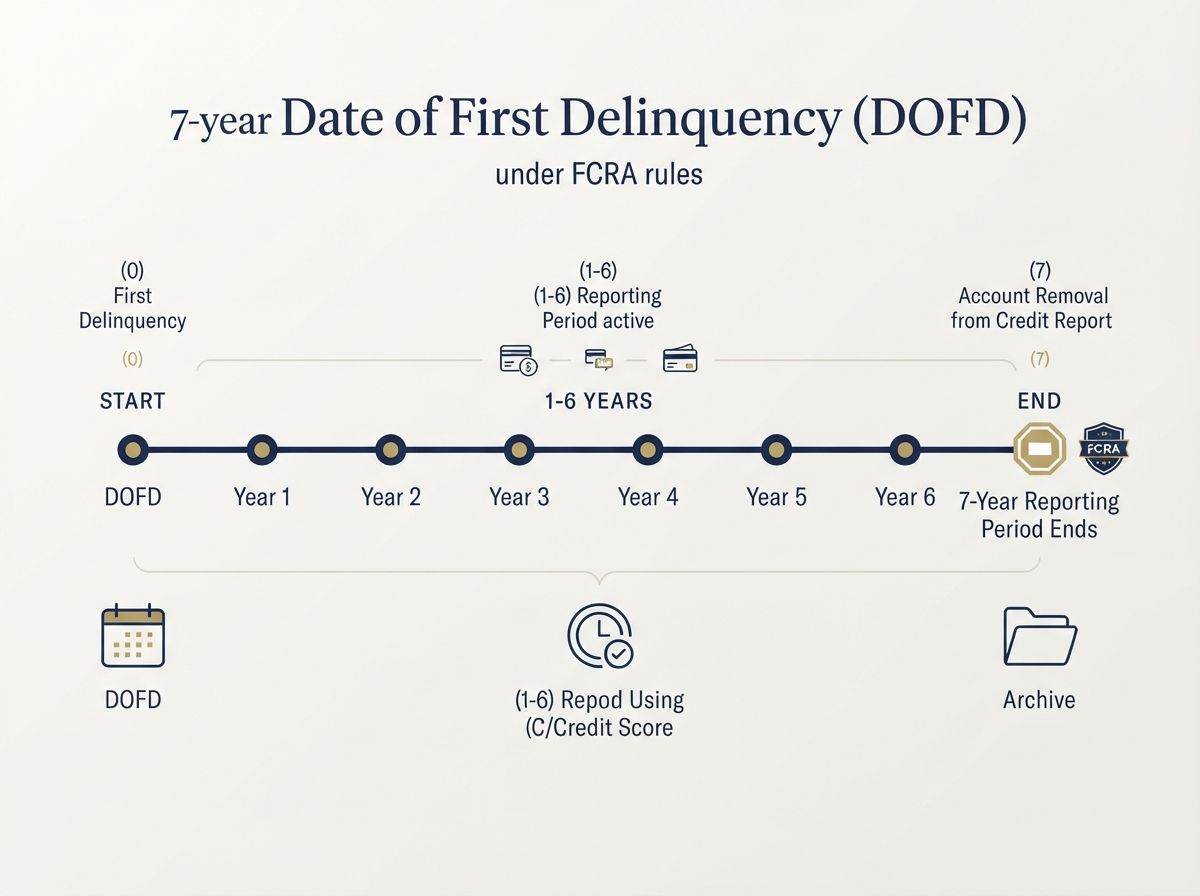 The 7-Year DOFD Timeline Under FCRA § 1681c Infographic showing the 7-year Date of First Delinquency timeline under FCRA rules
