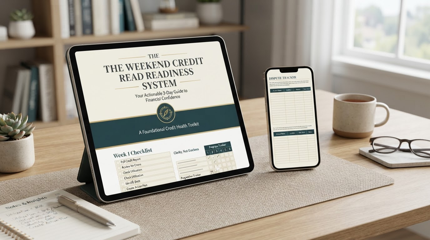 Weekend Credit Readiness System educational PDF for organizing credit reports disputes and utilization before applying