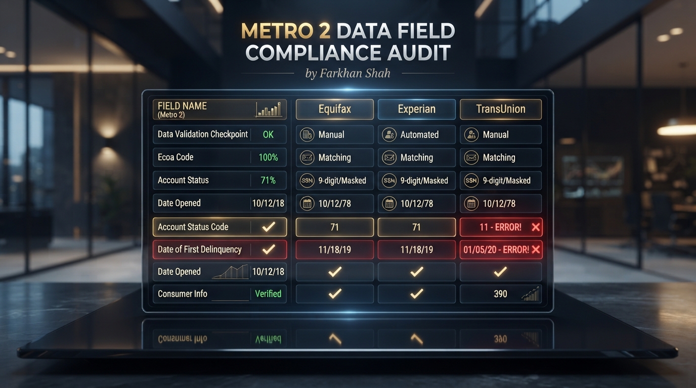 Technical diagram showing Metro 2 credit field data compliance audit for collection accounts across Equifax, Experian, and TransUnion, designed by Farkhan Shah.